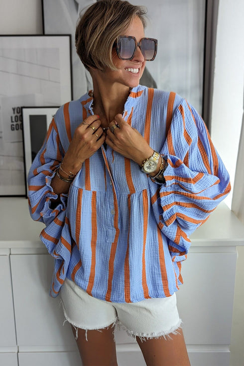 Stripe Crinckled Ruffled Sleeve Button up Loose Shirt